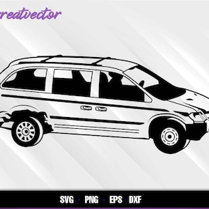 May include: Black and white vector illustration of a minivan. The vehicle has a boxy shape with multiple windows, sliding doors, and a roof rack. The image includes the text "Greatvector" in purple script and file type options: SVG, PNG, EPS, and DXF.