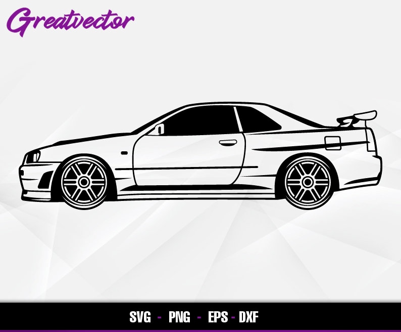 Pode incluir: Ilustra&ccedil;&atilde;o de arte de linha preta e branca de um carro esportivo, visto de lado. O carro tem um spoiler e rodas grandes.