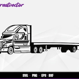 Puede incluir: Silueta en blanco y negro de un camión de plataforma. El camión tiene una plataforma de remolque larga y varios ejes.