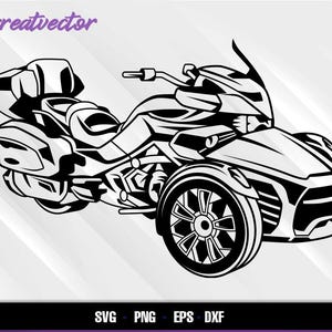 Puede incluir: Ilustración en blanco y negro de línea de una motocicleta de tres ruedas con un parabrisas grande y una sidecar.