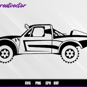 Puede incluir: Silueta en blanco y negro de un camión con jaula antivuelco, un parachoques delantero grande y neumáticos grandes.