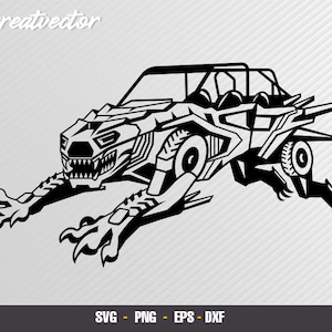 Puede incluir: Ilustración vectorial en blanco y negro de un vehículo todoterreno estilizado con un diseño feroz y animal. El vehículo tiene una boca grande y dentada y garras, lo que le da una apariencia amenazante.