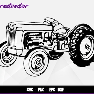 May include: Black and white silhouette of a vintage tractor with large wheels. The tractor has a detailed engine and a simple design.