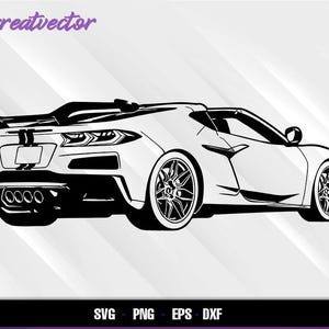 May include: Black and white vector illustration of a sports car. The car has a spoiler, detailed wheels, and exhaust pipes. The image includes the text "Greatvector" in purple script at the top and file type options at the bottom.
