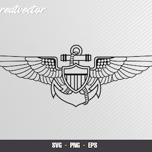 Puede incluir: Una ilustración en blanco y negro de una insignia de alas de aviador naval. La insignia presenta un ancla estilizada con alas y un escudo con la bandera estadounidense.