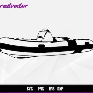 Puede incluir: Silueta en blanco y negro de una embarcación inflable rígida (RIB) con una pequeña cabina. El barco tiene un patrón de rayas en el lateral.