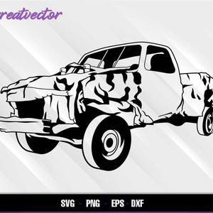 Puede incluir: Gráfico en blanco y negro de una camioneta pick-up muy dañada. El vehículo está arrugado y rasgado, con una estética desgastada. La imagen incluye el texto "Greatvector" y opciones de tipo de archivo: SVG, PNG, EPS y DXF.