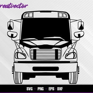 Puede incluir: Silueta en blanco y negro de un autobús escolar con una vista frontal del vehículo. El autobús tiene un parabrisas grande, faros y una parrilla.