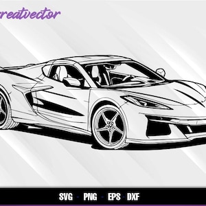 May include: Black and white vector illustration of a sleek sports car. The car features detailed lines, a low profile, and stylized wheels. The image includes the text "Greatvector" in a purple script font and file type options: SVG, PNG, EPS, and DXF.