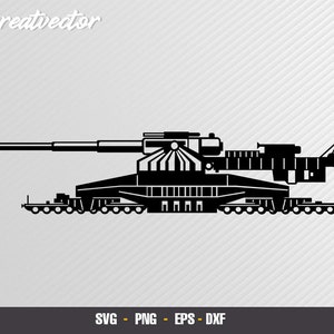 May include: Black and white silhouette of a large, heavy-duty, self-propelled artillery gun on tracks. The gun is pointed to the left and has a long barrel. The gun is on a platform with wheels and tracks.