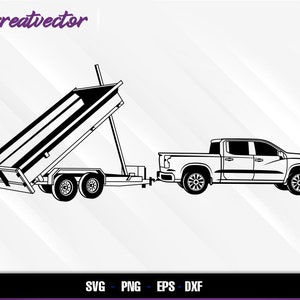 Puede incluir: Un dibujo en blanco y negro de una camioneta recogiendo un remolque de volteo. La camioneta tiene una cama larga y una sola cabina. El remolque es una plataforma con un lado con bisagras que se puede subir y bajar.