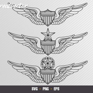 Puede incluir: Tres dibujos en blanco y negro de alas de piloto militar. Las alas superiores tienen un escudo con rayas. Las alas del medio tienen una estrella y un escudo con rayas. Las alas inferiores tienen una corona con una estrella y un escudo con rayas.