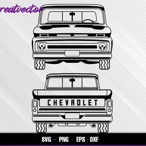 Könnte beinhalten: Schwarz-weiße Silhouette eines alten Chevrolet Pick-up Trucks. Der Truck hat eine Ladefläche und das Wort "CHEVROLET" ist auf der Rückseite aufgedruckt.