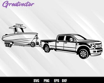 truck towing Boat SVG - pickup with Fishing boat Trailer vector - silhouette cut file for cricut, CNC, Laser - Png dxf EPS Included
