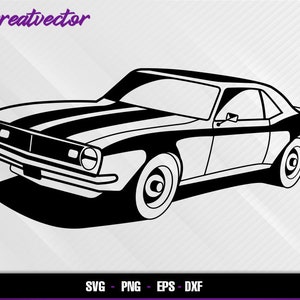 Puede incluir: Silueta en blanco y negro de un coche clásico de músculo con una franja negra sobre el capó. El coche tiene un extremo delantero redondeado y un cuerpo largo y elegante.