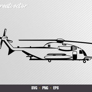 May include: Black and white silhouette of a helicopter with a large rotor blade on the top and a smaller tail rotor. The helicopter has a large, rectangular body with a rounded nose and a large window on the side.
