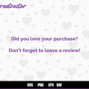 Pode incluir: Um fundo branco com um padr&atilde;o de cora&ccedil;&otilde;es roxos. O texto "Did you love your purchase? Don't forget to leave a review!" est&aacute; escrito em texto roxo.
