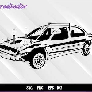 Peut inclure: Illustration en noir et blanc d'une voiture modifiée, probablement pour un derby de démolition ou une course. La voiture est équipée de barres de sécurité et de pointes. Le mot "Greatvector" est en haut à gauche. En bas, les mots "SVG PNG EPS DXF".