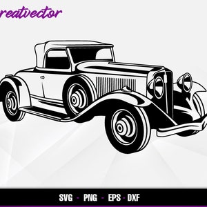 Puede incluir: Silueta en blanco y negro de un coche antiguo con capo convertible. El coche tiene un frontal redondeado y faros grandes y redondos.