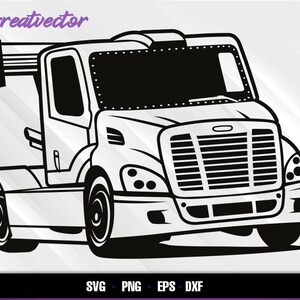 Puede incluir: Una ilustración vectorial en blanco y negro de un camión con un gran alerón trasero, una parrilla frontal prominente y faros detallados. El texto Greatvector aparece en la esquina superior izquierda, con SVG, PNG, EPS, DXF abajo.