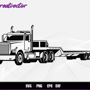 Puede incluir: Silueta en blanco y negro de un camión de plataforma con un remolque. El camión tiene una cabina grande y una plataforma de remolque larga.