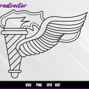 May include: A black and white line drawing of a torch with wings. The torch is a stylized representation of a flaming torch with a striped shaft. The wings are spread out behind the torch.