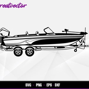 May include: Black and white silhouette of a boat on a trailer. The boat has a windscreen, seats, and an engine. The trailer has two wheels on each side.