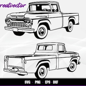 May include: A black and white line drawing of a vintage pickup truck. The truck has a long bed and a cab with a single row of seats. The truck is facing forward and the front wheels are turned slightly to the left.