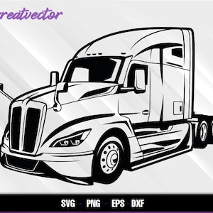 May include: Black and white vector illustration of a semi-truck. The image features the text "Greatvector" in a purple script font at the top left. The bottom of the image includes the text "SVG PNG EPS DXF".