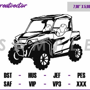 May include: Black and white silhouette of a side view of a four-wheeled off-road vehicle with a roll cage. The vehicle is 7.98 inches by 5.98 inches.