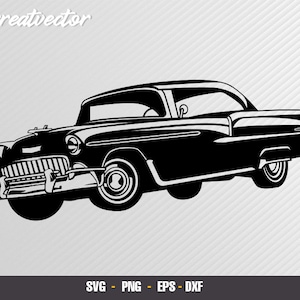 May include: Black and white silhouette of a classic American car, a 1950s era saloon with a large chrome bumper and a rounded body style.