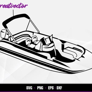 Puede incluir: Ilustración en blanco y negro de línea de arte de un barco pontón con una capota. El barco tiene dos asientos y un volante.