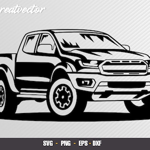 Puede incluir: Ilustración en blanco y negro de una camioneta pick-up. La camioneta tiene una parrilla grande y un parachoques negro. La camioneta está sobre un fondo blanco.
