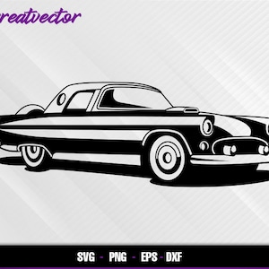 以下が含まれることがあります： 黒と白のシルエットのクラシックカー、丸みを帯びたボディと大きなホイールを持つビンテージクーペ。車は長いボンネットと短いリアデッキを持つスタイリッシュなデザインです。
