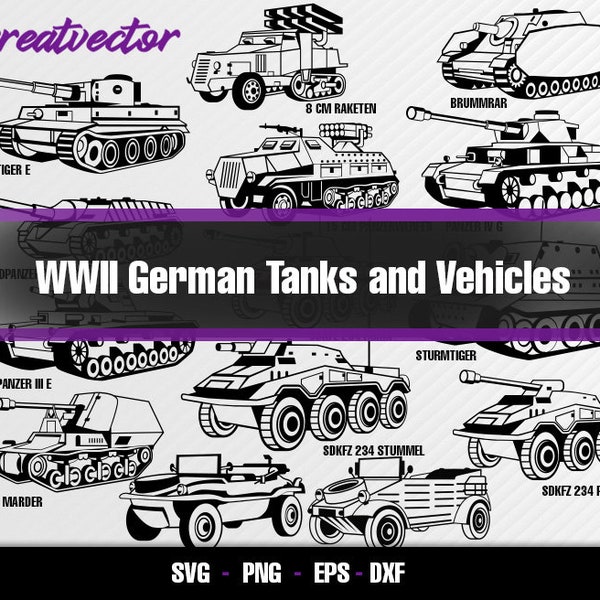 WwII 14 German War tanks - Panzer E - Sturmtiger - Marder - Raketen - Sdkfz - Schimmwagen l EPS - SVG - PNG - Dxf l Vector Art