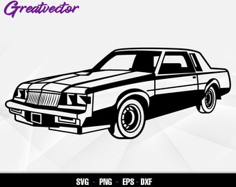 May include: Black and white silhouette of a classic car, a 1980s era Buick Regal Grand National. The car is facing the viewer with the front grill and headlights visible.