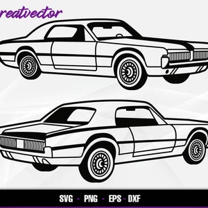 May include: Black and white line art illustration of a classic car, a 1960s era Ford Mustang. The car is shown from two different angles, one from the front and one from the side.