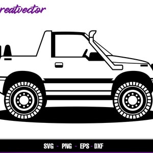 Op de afbeelding: Een zwart-witte lijntekening van een pick-up truck met een rolkooi. De truck heeft een grote, open laadbak en een kleine cabine. De truck is naar rechts gericht.