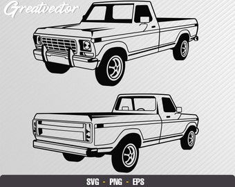 Puede incluir: Un dibujo en blanco y negro de una camioneta vintage. La camioneta se muestra desde dos ángulos diferentes, uno de frente y otro de lado. La camioneta tiene una caja larga y una cabina grande.