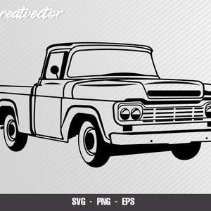May include: Black and white line art illustration of a vintage pickup truck. The truck has a long bed and a large grille with a series of horizontal lines.