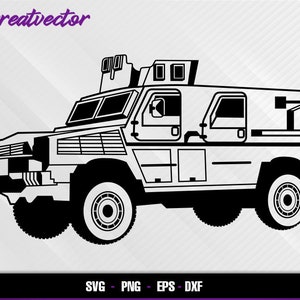 May include: Black and white line art illustration of a military armored vehicle. The vehicle has a large windshield, a roof hatch, and a rear cargo area. The vehicle is on a white background.