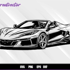 May include: Black and white vector illustration of a convertible sports car. The car has a sleek, modern design with detailed lines, visible wheels, and a low profile. The image includes the text "Greatvector" and file type options.