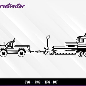 Puede incluir: Ilustración en blanco y negro de un camión de recogida que remolca una gran pieza de equipo de construcción. El camión tiene una plataforma y una carrocería grande y rectangular. El equipo tiene un cuerpo grande y redondo y un brazo largo y delgado.