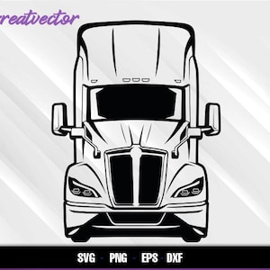 May include: Black and white vector illustration of a semi-truck, viewed head-on. The design is a detailed outline, showcasing the truck's front, including the headlights, grille, and mirrors. The image includes the text "Greatvector" and file type options.