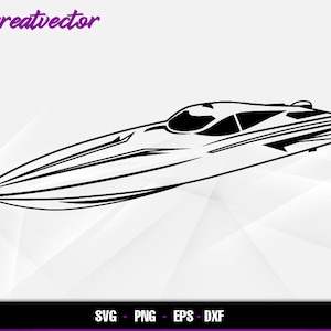 May include: A black and white vector image of a speedboat. The boat features a streamlined design with a pointed front and a low-profile cabin. The image includes the text "Greatvector" and file type information at the bottom.