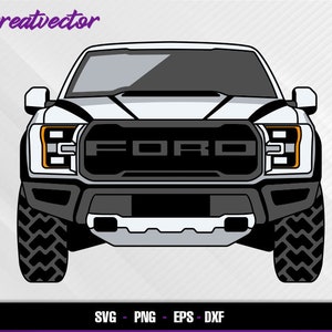 May include: A white Ford F-150 Raptor pickup truck with a black grille and black wheels. The truck has a black and white stripe design on the hood.
