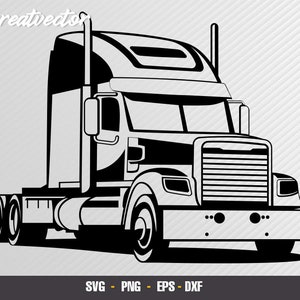 May include: Black and white silhouette of a semi-truck with a flatbed trailer. The truck has a large cab with a windshield and a grill. The trailer is empty.