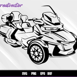 May include: Black and white line art illustration of a three-wheeled motorcycle. The motorcycle has a large windshield and a single seat.