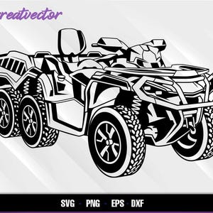 Puede incluir: Ilustración en blanco y negro de línea de arte de una vista lateral de un vehículo todoterreno grande con cuatro ruedas. El vehículo tiene una jaula antivuelco y un parachoques delantero grande.