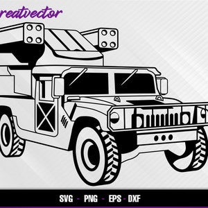 May include: Black and white line art illustration of a military Humvee with a mounted machine gun on the back. The Humvee is facing forward and has a grill with a series of vertical bars.